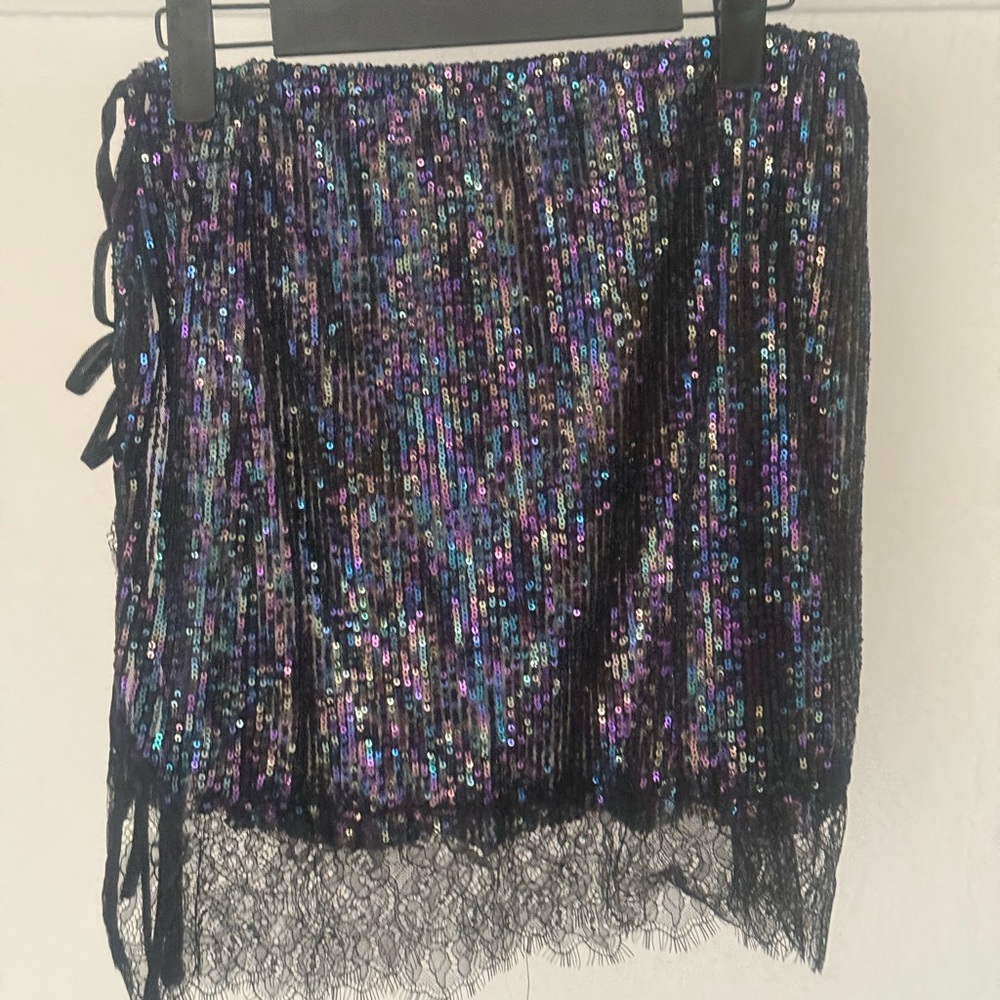 NWT Free People Sequin Wrap Mini Skirt w/ Lace Hem – Size S